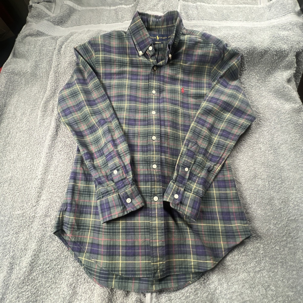 Ralph Lauren Polo Shirt Mens S Blue Green Blackwatch Tartan Custom Fit Button Up